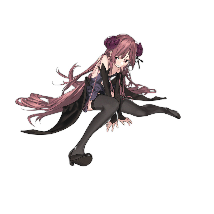 1girl bat_wings between_legs black_footwear black_ribbon black_sleeves black_thighhighs blush center_opening clenched_teeth demon_horns demon_tail detached_sleeves dress embarrassed full_body girls'_frontline hair_down hanazono_yurine hand_between_legs high_heels highres horn_ornament horn_ribbon horns jashin-chan_dropkick long_hair looking_at_viewer low_horns low_wings nishiro_ryoujin official_alternate_costume official_art purple_dress red_eyes red_hair ribbon simple_background sitting solo tail teeth thighhighs third-party_source transparent_background very_long_hair wings