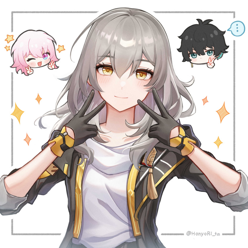 ... 1boy 2girls ;d absurdres black_gloves black_hair black_jacket blue_eyes blush blush_stickers breasts brown_eyes chibi chibi_inset closed_mouth collarbone commentary_request dan_heng_(honkai:_star_rail) double_v gloves grey_hair hair_between_eyes hands_up highres hn_(honyori_ta) honkai:_star_rail honkai_(series) jacket long_hair march_7th_(honkai:_star_rail) multiple_girls one_eye_closed open_clothes open_jacket pink_hair purple_eyes shirt small_breasts smile sparkle spoken_ellipsis star_(symbol) stelle_(honkai:_star_rail) trailblazer_(honkai:_star_rail) twitter_username upper_body v white_background white_shirt