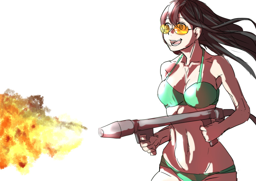 1girl bikini black_eyes commentary_request cowboy_shot fire flamethrower green_bikini green_eyes kantai_collection long_hair megakura_kinshi ooyodo_(kancolle) orange-tinted_eyewear simple_background smile solo swimsuit teeth tinted_eyewear weapon white_background