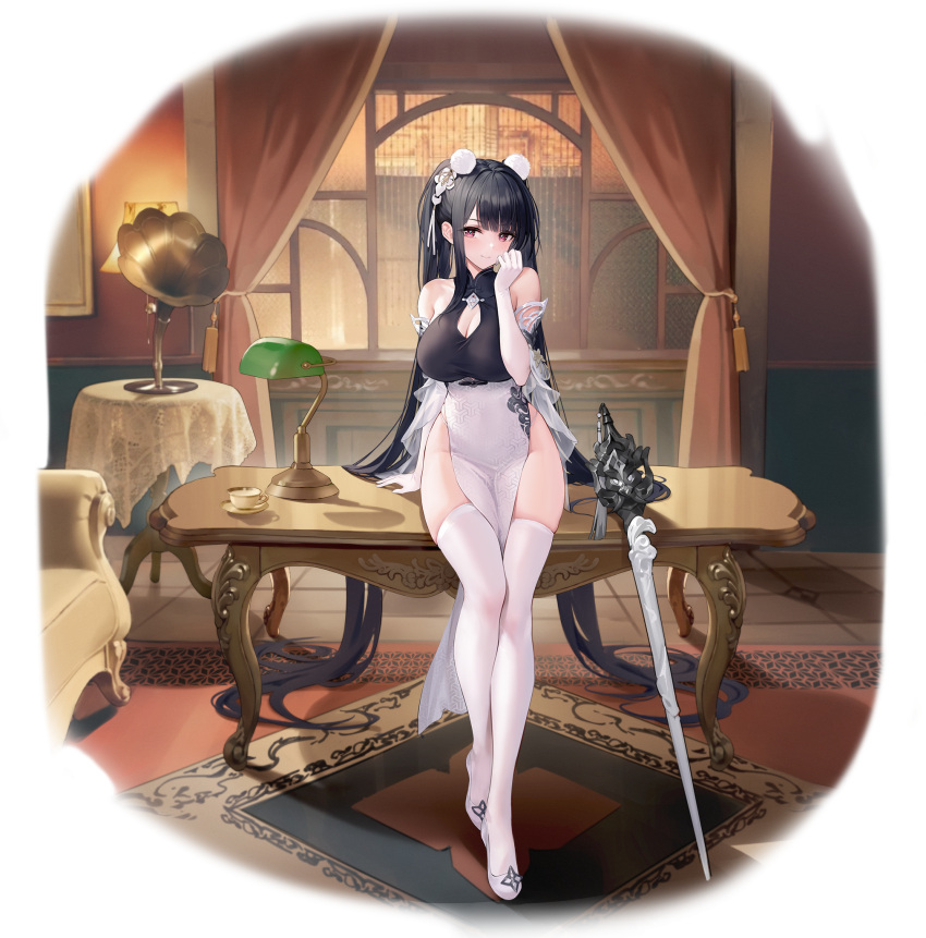 1girl arm_support azur_lane bare_shoulders black_hair breasts carpet china_dress chinese_clothes cleavage cleavage_cutout clothing_cutout couch cup curtains dress elbow_gloves gloves gujianshaonu hair_ornament hand_up highres indoors lamp long_hair looking_at_viewer medium_breasts official_art on_table peter_strasser_(azur_lane) peter_strasser_(lustrous_jade_of_the_golden_house)_(azur_lane) phonograph red_eyes shadow sitting sitting_on_table sleeveless solo table teacup thighhighs thighs twintails very_long_hair