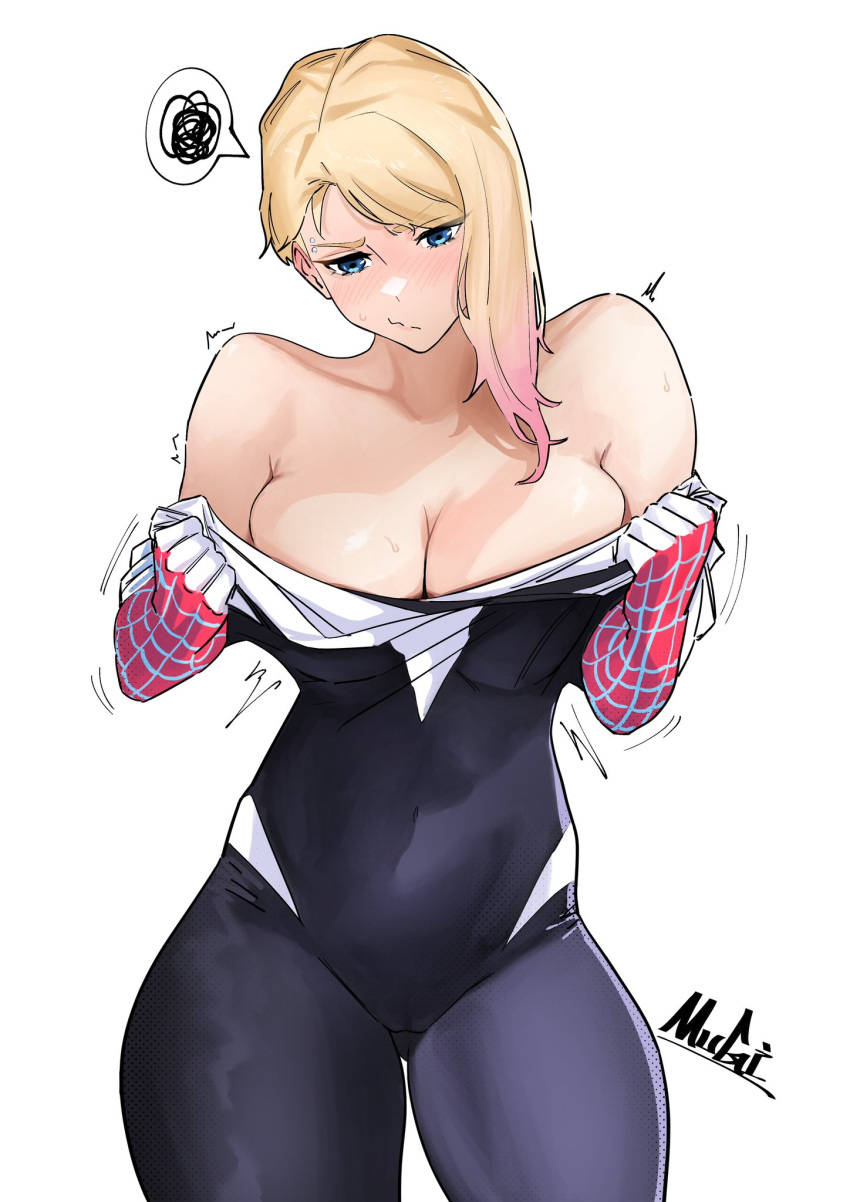 1girl animification blonde_hair blue_eyes bodysuit gwen_stacy highres marvel mugi_(mugit49) multicolored_bodysuit multicolored_clothes pink_hair spider-gwen spider-man:_into_the_spider-verse spider-man_(series) spider-verse spider_web_print superhero two-tone_bodysuit