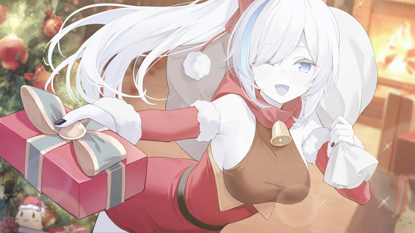 1girl artist_request azur_lane bell black_nails blue_eyes blue_hair bow breasts christmas_ornaments christmas_tree colored_eyelashes colored_skin dress eyes_visible_through_hair fingernails fire fireplace game_cg gift gift_bag hair_bow hair_over_one_eye hat highres hood hood_down jewelry long_hair looking_at_viewer medium_breasts multicolored_hair nail_polish non-web_source official_art one_eye_closed open_mouth pale_skin pom_pom_(clothes) ponytail red_headwear santa_costume santa_dress santa_hat short_dress smile streaked_hair tb_(azur_lane) tb_(type-l)_(azur_lane) two-tone_hair white_hair white_skin