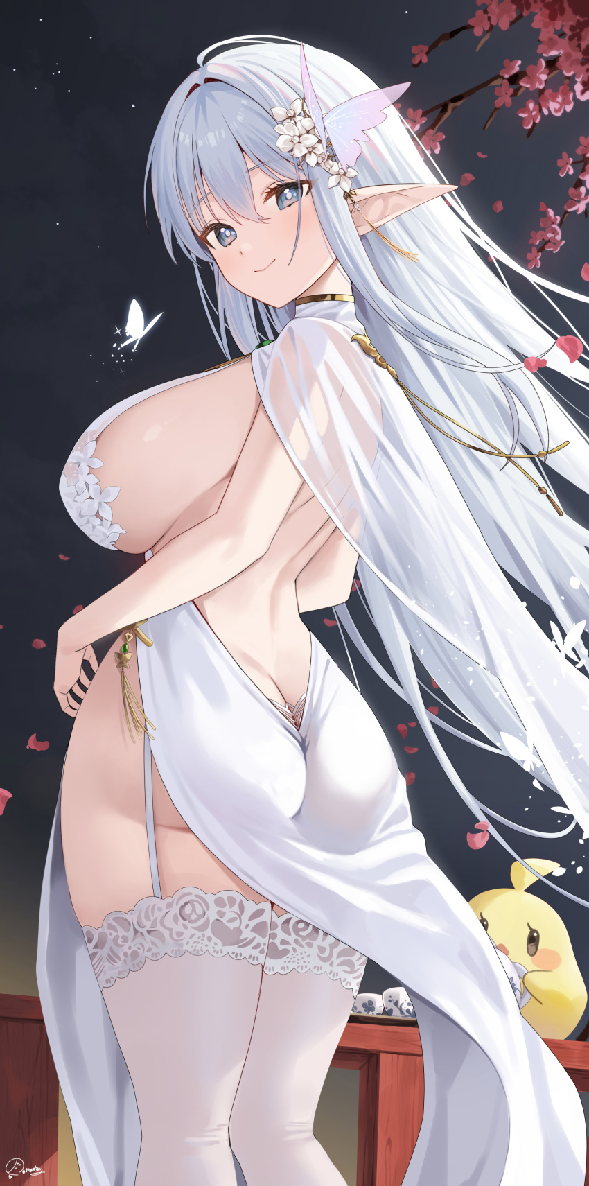 1girl absurdres albion_(azur_lane) azur_lane back bare_back blue_eyes breasts butt_crack butterfly_hair_ornament cherry_blossoms commentary commentary_request dress flower from_behind hair_between_eyes hair_ornament highres large_breasts long_hair looking_at_viewer manjuu_(azur_lane) meettheton petals pointy_ears sideboob signature smile solo standing thigh_strap thighhighs thighs white_dress white_flower white_thighhighs