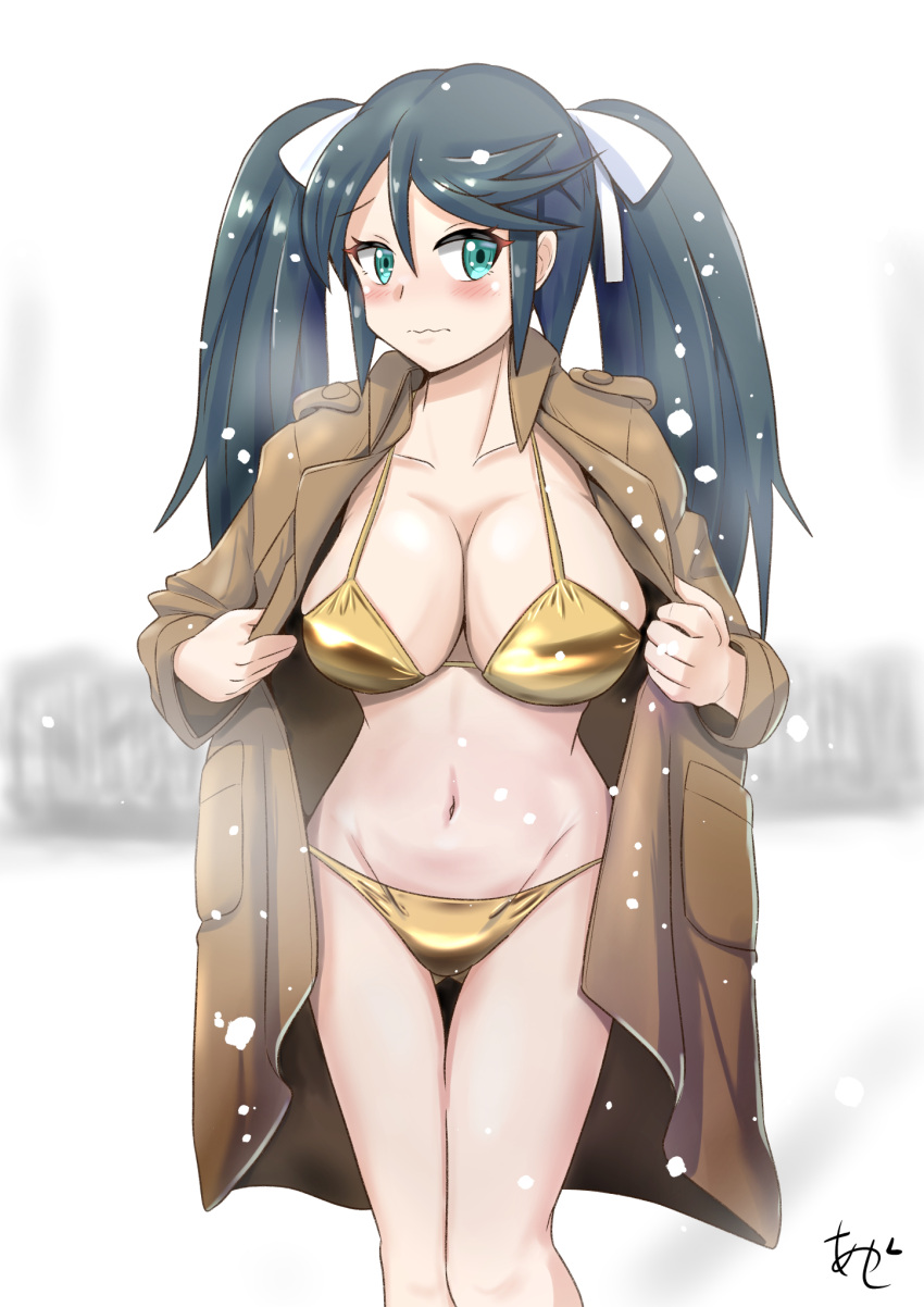 1girl akashieru artist_logo artist_name ass_visible_through_thighs bikini black_hair breasts brown_coat coat feet_out_of_frame gold_bikini green_eyes hair_ribbon highres isuzu_(kancolle) kantai_collection large_breasts long_hair one-hour_drawing_challenge open_clothes open_coat ribbon snow solo swimsuit thigh_gap