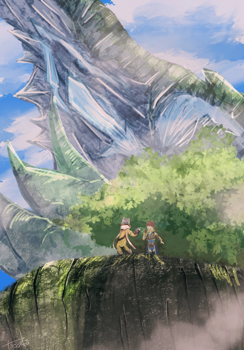 1boy 1girl blue_shirt blue_shorts blue_sky brown_hair cliff cloud cloudy_sky commentary_request day grey_hair hand_up highres jumpsuit nia_(xenoblade) o_o outdoors rex_(xenoblade) shirt shorts signature sky standing toosut0 wide_shot xenoblade_chronicles_(series) xenoblade_chronicles_2 yellow_jumpsuit