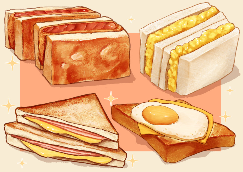 bread bread_slice brown_background cheese egg_(food) food food_focus fried_egg ham highres kaneko_ryou meat no_humans original sandwich still_life toast