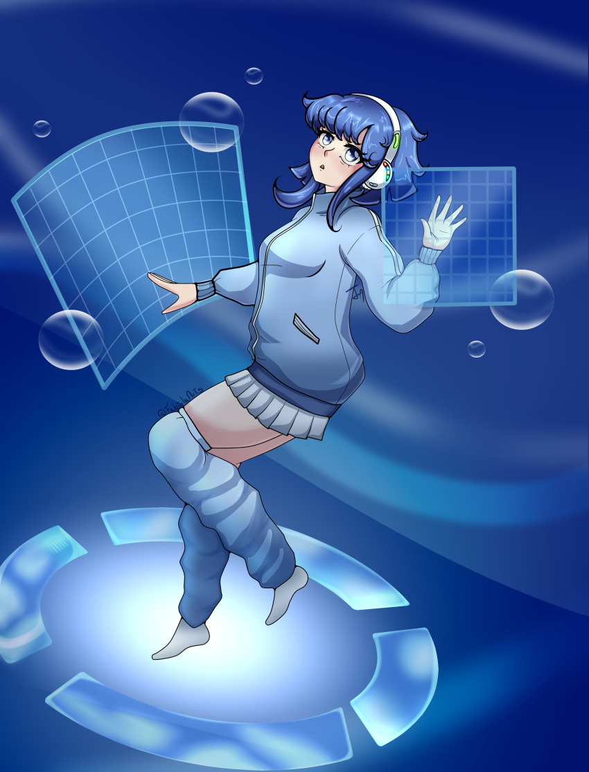 1girl absurdres air_bubble blue_eyes blue_hair blue_jacket blue_theme bubble fabiolaarts floating frutiger_aero full_body hairband headphones highres holographic_interface jacket leg_warmers looking_at_viewer miniskirt original pleated_skirt short_hair short_hair_with_long_locks sidelocks skirt solo track_jacket track_suit underwater