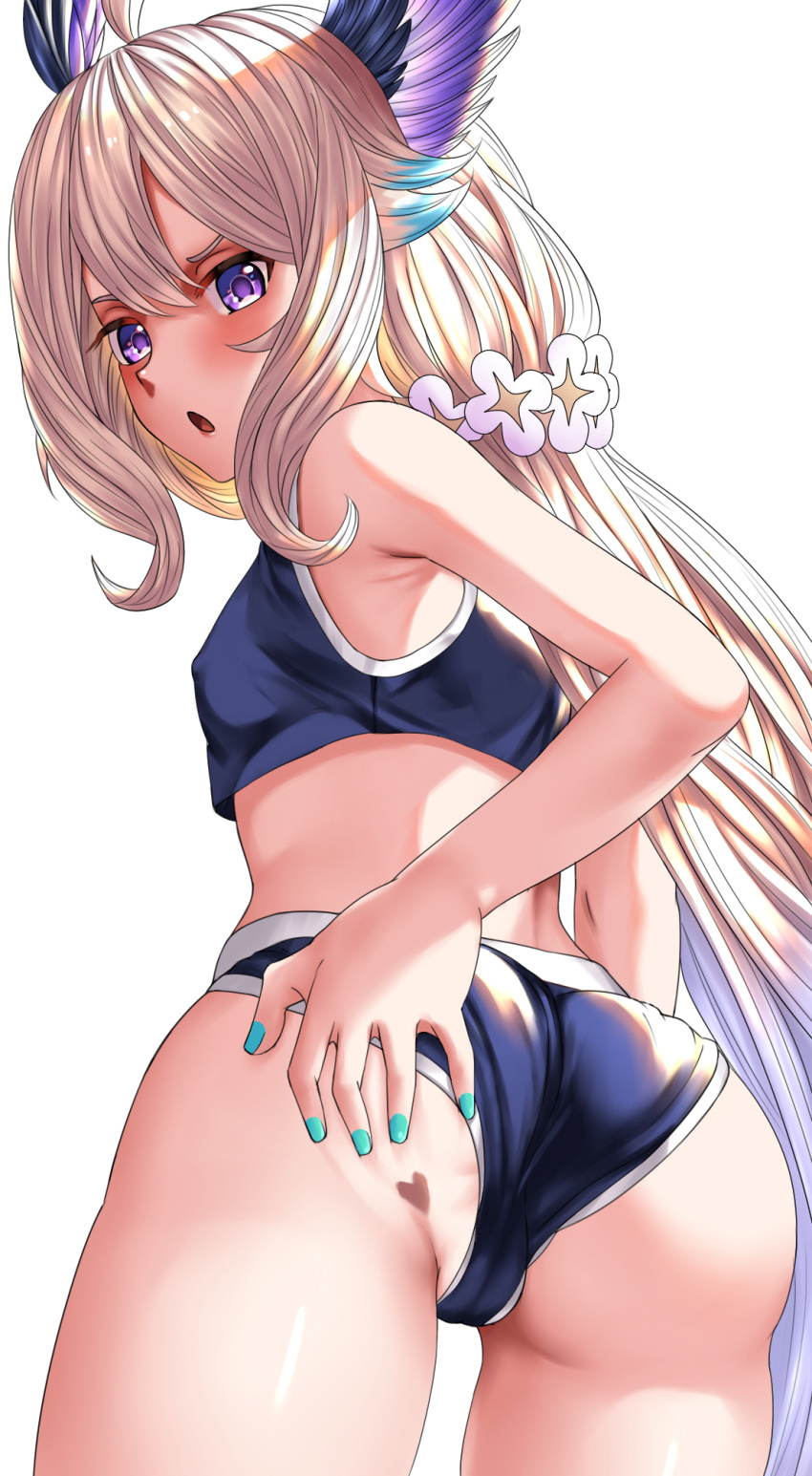 1girl ahoge aqua_nails armpit_crease ass ass_focus ass_grab ass_tattoo blonde_hair blue_hair blue_panties blue_sports_bra blue_wings blush breasts ceijin_(rizalagoenk) covered_nipples dolphin_shorts double-parted_bangs enna_alouette feathered_wings fingernails flower grabbing_own_ass gradient_hair hair_between_eyes hair_flower hair_ornament hand_on_own_ass head_wings highres long_bangs long_hair looking_at_viewer looking_back low_ponytail midriff multicolored_hair nail_polish nijisanji nijisanji_en open_mouth panties partially_visible_vulva purple_eyes purple_wings shorts sidelocks simple_background small_breasts solo sports_bra thighs two-tone_hair two-tone_wings underwear very_long_hair virtual_youtuber white_background white_flower wings
