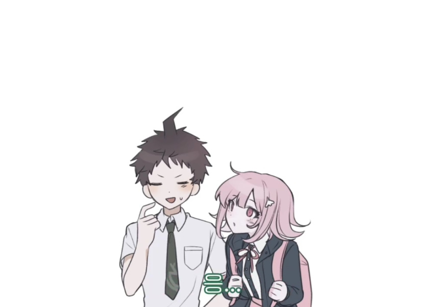 1boy 1girl ahoge backpack bag black_jacket black_shirt breast_pocket cheong_(nept1211) collared_shirt danganronpa_(series) danganronpa_2:_goodbye_despair flipped_hair green_necktie hand_up hinata_hajime holding_strap jacket looking_at_another medium_hair nanami_chiaki necktie open_clothes open_jacket pink_bag pocket shirt short_hair short_sleeves simple_background spaceship_hair_ornament translation_request two-tone_shirt upper_body white_background white_shirt