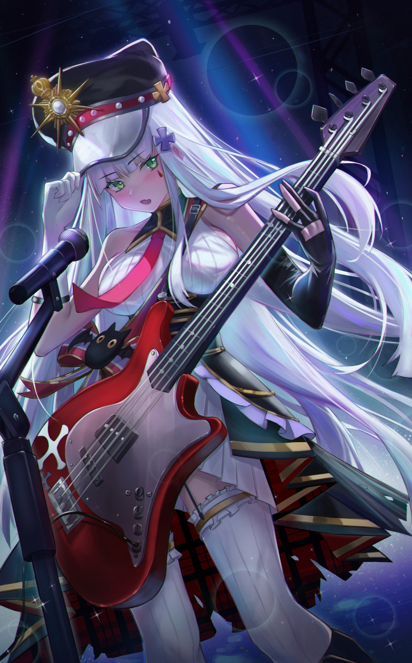 1girl absurdres asymmetrical_gloves black_gloves blush breasts clukay_(aflame_accent)_(neural_cloud) clukay_(neural_cloud) cross_hair_ornament elbow_gloves electric_guitar fang girls'_frontline girls'_frontline_neural_cloud gloves guitar hair_ornament hat highres hk416_(girls'_frontline) holding holding_guitar holding_instrument instrument microphone microphone_stand mismatched_gloves necktie official_alternate_costume open_mouth red_necktie skin_fang solo thighhighs uneven_gloves user_fnrt4358 white_gloves white_hair white_thighhighs
