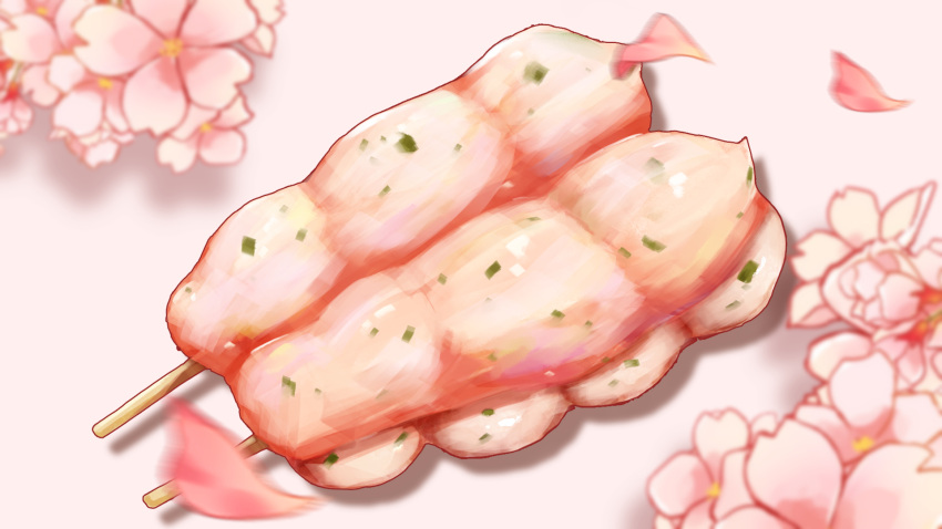 cherry_blossoms dango floral_background food food_focus highres kaneko_ryou no_humans original pink_background still_life wagashi