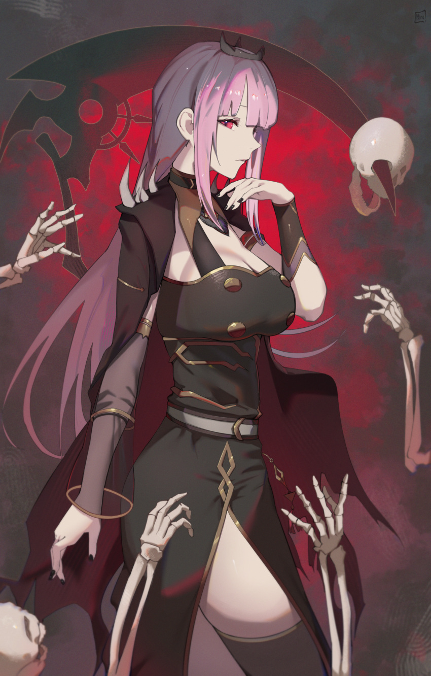 1girl absurdres black_cape black_dress black_nails breasts cape cleavage closed_mouth commentary_request dress hand_up highres hololive hololive_english large_breasts long_hair looking_at_viewer mori_calliope o22no pink_hair red_eyes scythe skeletal_arm skeletal_hand skull solo standing virtual_youtuber