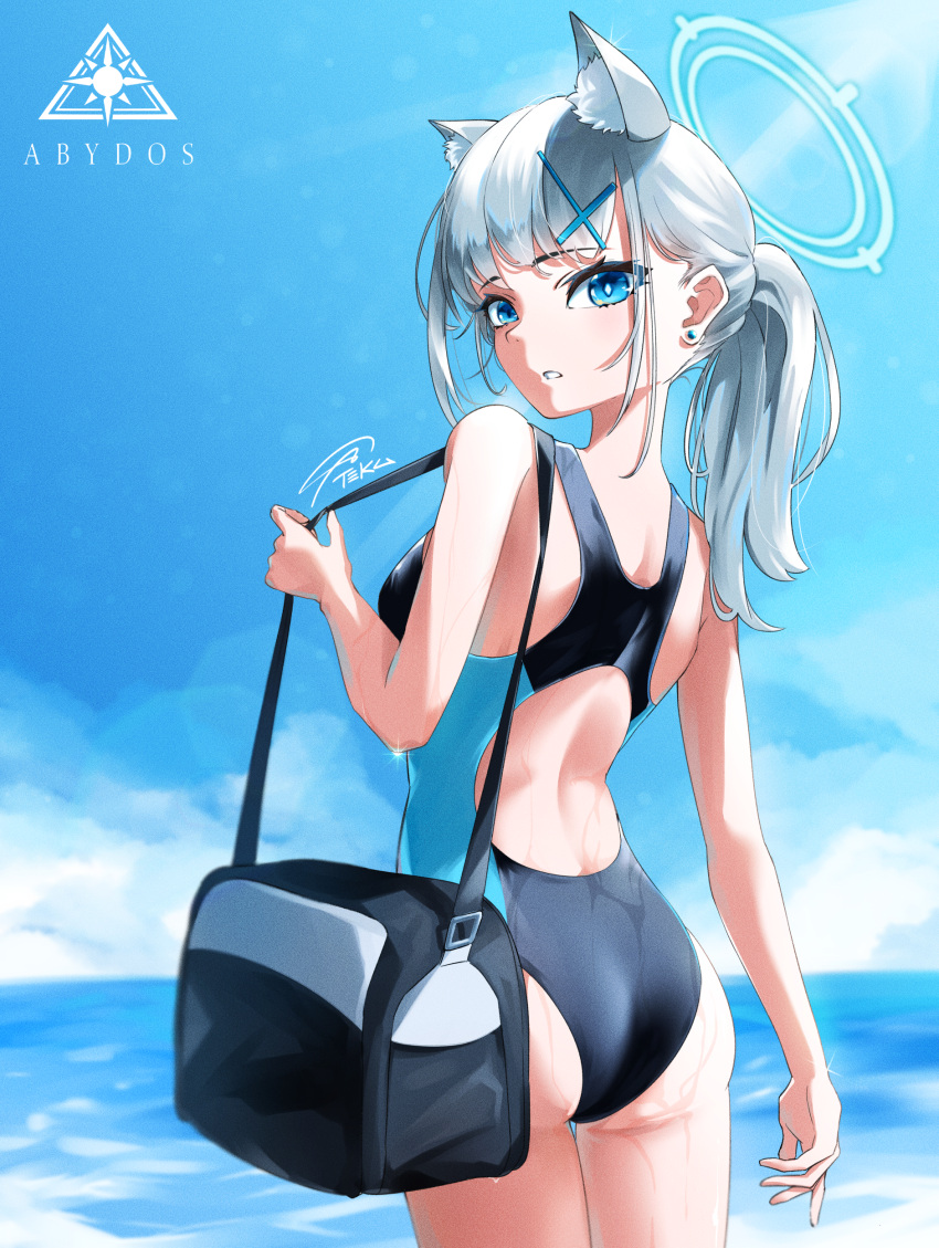 1girl absurdres animal_ear_fluff animal_ears ass bag black_one-piece_swimsuit blue_archive blue_eyes blue_sky breasts cloud competition_swimsuit cowboy_shot cross_hair_ornament day extra_ears grey_hair hair_ornament halo highres logo long_hair looking_at_viewer looking_back low_ponytail medium_breasts mismatched_pupils multicolored_clothes multicolored_swimsuit official_alternate_costume one-piece_swimsuit outdoors shiroko_(blue_archive) shiroko_(swimsuit)_(blue_archive) sky solo swimsuit t3ku wolf_ears