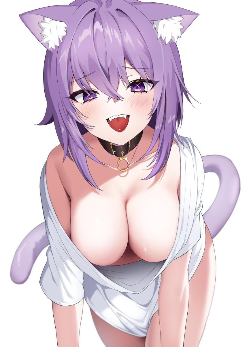 1girl absurdres all_fours animal_collar animal_ears breasts cat_ears cat_tail cleavage collar collarbone commentary_request downblouse fangs hanging_breasts highres hololive jjetotwt large_breasts looking_at_viewer loose_clothes loose_shirt naked_shirt nekomata_okayu open_mouth purple_eyes purple_hair shirt simple_background single_bare_shoulder smile solo tail virtual_youtuber white_background white_shirt
