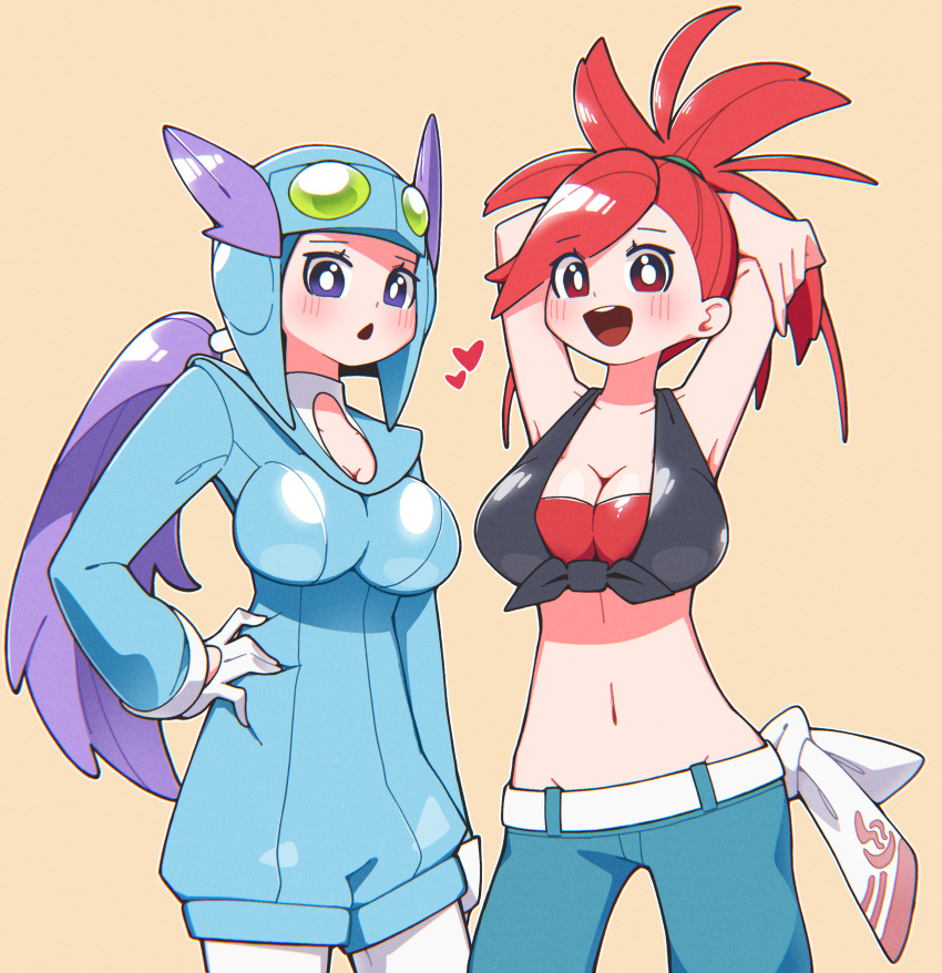 2girls arms_behind_head bare_arms bare_shoulders black_shirt blue_suit blue_unitard blush breasts collarbone crop_top denim edvv8447 flannery_(pokemon) goggles goggles_on_head hair_wings hand_on_own_hip heart highres jeans large_breasts long_hair midriff multiple_girls navel pants pilot_helmet pilot_suit pokemon pokemon_oras ponytail purple_eyes purple_hair red_eyes red_hair red_undershirt shirt split_ponytail suit undershirt winona_(pokemon)