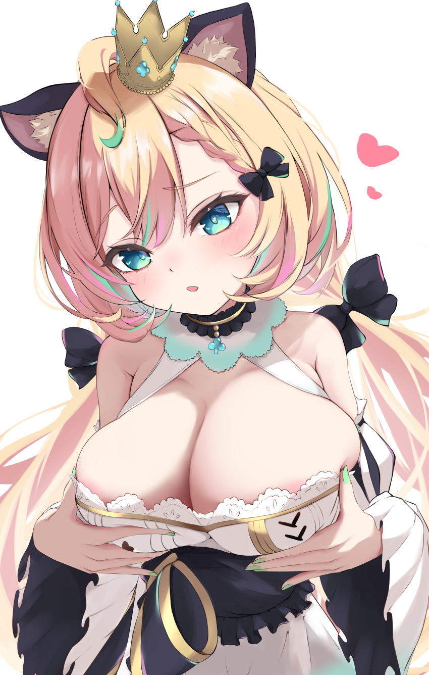 1girl absurdres alternate_breast_size animal_ear_fluff animal_ears aqua_eyes aqua_nails areola_slip armpit_crease black_bow blonde_hair blush bow braid breast_hold breasts cat_ears cleavage cleavage_cutout clothing_cutout crown hair_bow heart highres large_breasts long_hair low_twintails millie_parfait millie_parfait_(2nd_costume) nijisanji nijisanji_en obanana_(ahap7438) solo twintails very_long_hair virtual_youtuber