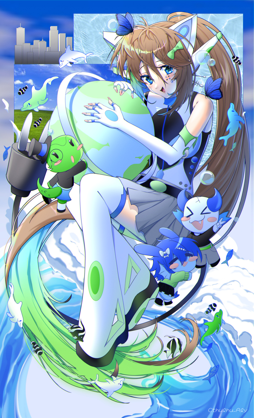 &gt;_&lt; 1girl absurdres air_bubble animal_ears aqua_eyes blue_eyes blue_sky blush boots brown_hair bubble cat closed_eyes cloud cthulhu_aly dolphin earth_(planet) elbow_gloves fingerless_gloves fish frutiger_aero gloves gradient_hair green_eyes hair_ornament highres long_hair looking_at_viewer multicolored_hair ocean open_mouth planet ponytail robot sitting skirt sky smile solo thigh_boots thighhighs two-tone_hair very_long_hair water waves white_footwear white_gloves white_thighhighs zettai_ryouiki