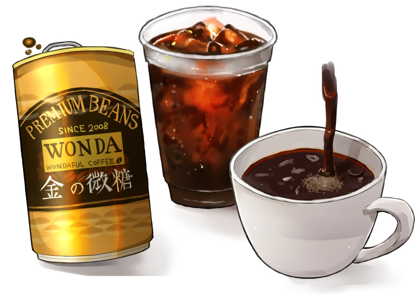 absurdres can canned_coffee coffee coffee_cup cup disposable_cup drink drink_can drinking_glass food food_focus highres ice ice_cube kaneko_ryou no_humans original simple_background still_life white_background