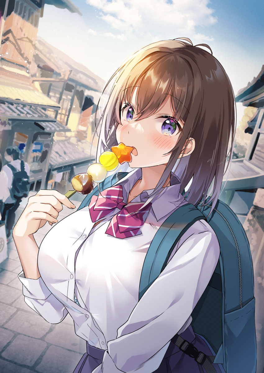 1girl architecture backpack bag blue_skirt blush bra bra_peek breasts brown_hair button_gap buttons cloud collarbone collared_shirt colored_inner_hair commentary dango day east_asian_architecture eating food hawawa-chan_(shiro_kuma_shake) highres large_breasts long_sleeves looking_at_viewer multicolored_hair open_mouth original outdoors purple_eyes purple_hair school_uniform shiro_kuma_shake shirt sidelocks skirt sky solo standing tight_clothes town two-tone_hair underwear vanishing_point wagashi white_shirt