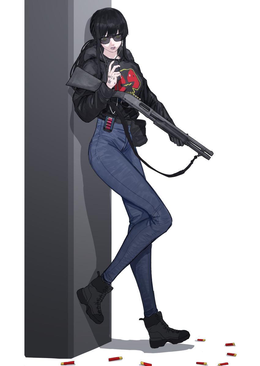 1girl absurdres black_hair boots cellphone denim digital_media_player earphones gloves gun hand_tattoo highres hood hoodie jeans leaning long_hair original pants peinlike phone pillar ponytail shotgun shotgun_shell single_glove smartphone solo sunglasses tattoo weapon white_background yellow_eyes