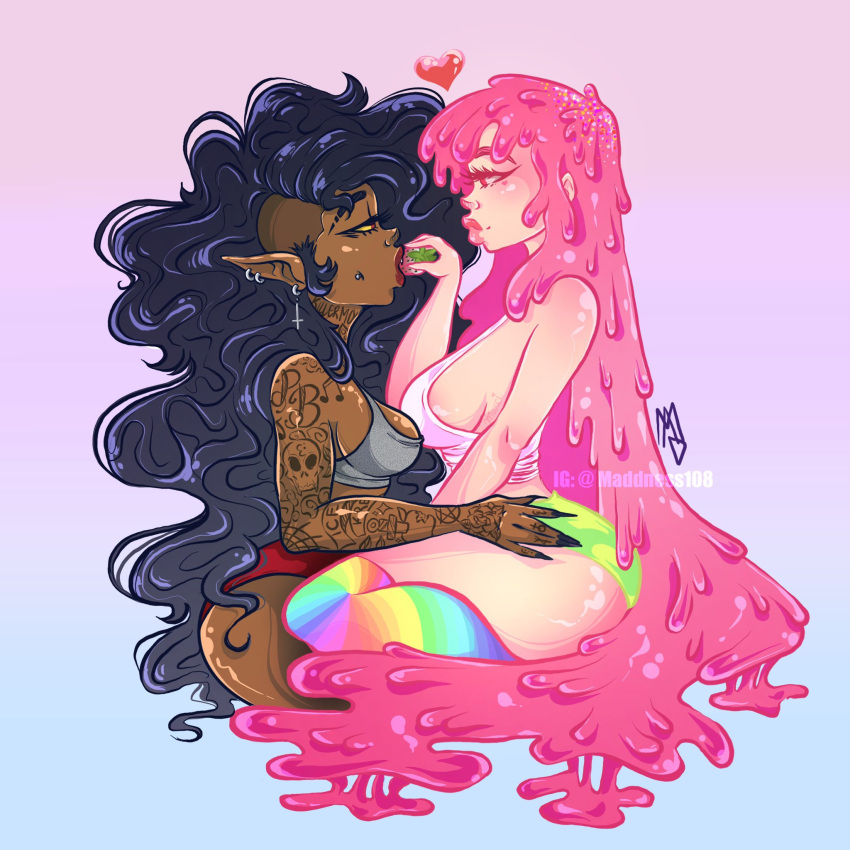 2girls adventure_time alternate_skin_color arm_tattoo artist_name black_hair black_nails breasts chewing_gum colored_skin commentary dark-skinned_female dark_skin english_commentary hand_on_another's_thigh heart highres long_hair maddness108 marceline_abadeer multiple_girls pickle pink_skin pointy_ears princess_bonnibel_bubblegum sideboob skull_print tattoo thick_thighs thighs yuri