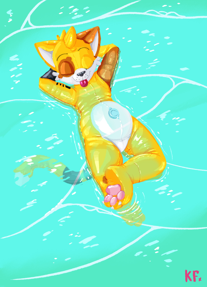 absurd_res chill domestic_cat felid feline felis floating hi_res katxfish katxlogan male mammal paws pool_toy relaxing solo squeaking squeaky_toy tongue tongue_out water