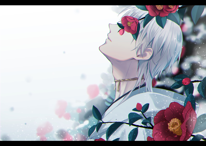 1boy absurdres adam's_apple branch choker closed_mouth covered_eyes facing_up flower from_side grey_hair highres hood hood_down letterboxed male_focus nature portrait profile red_flower rei_(usabiba) short_hair snowing solo touken_ranbu tsurumaru_kuninaga white_background