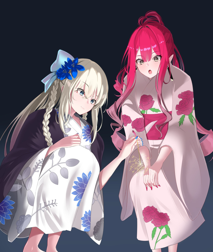 2girls :o absurdres baobhan_sith_(fate) blue_bow blue_eyes blue_flower bow braid earrings fate/grand_order fate_(series) floral_print flower full_body grey_background grey_eyes hair_bow hair_flower hair_ornament hands_on_own_knees highres holding holding_flower japanese_clothes jewelry kimono long_hair long_sleeves morgan_le_fay_(fate) morgan_le_fay_(fgo_fes._2023)_(fate) mother_and_daughter multiple_girls nail_polish nigori_(keydoor) obi pink_hair pointy_ears sash sidelocks simple_background single_braid sitting smile squatting white_hair white_kimono wide_sleeves yukata