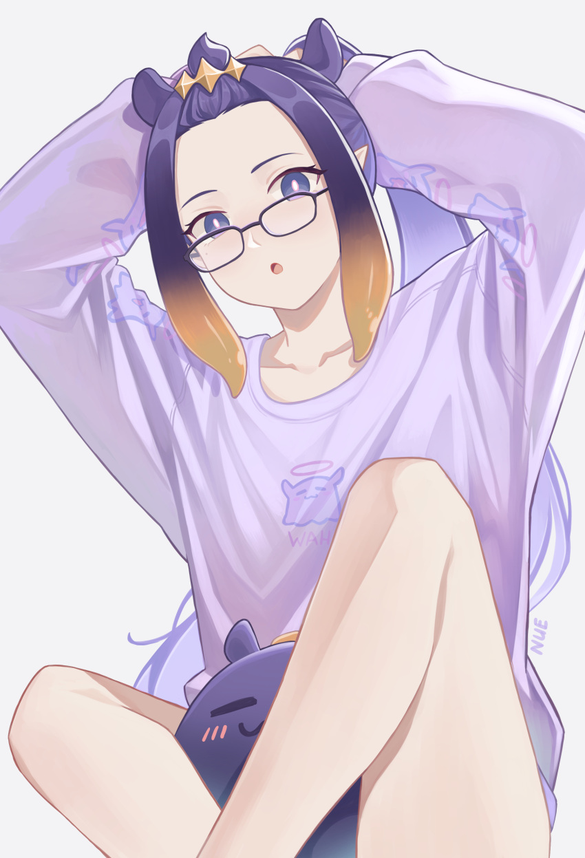 1girl absurdres arms_up english_commentary forehead glasses highres hololive long_hair long_sleeves looking_at_viewer ninomae_ina'nis nuebunny open_mouth purple_eyes purple_hair purple_shirt shirt simple_background sitting solo takodachi_(ninomae_ina'nis) tentacle_hair tying_hair virtual_youtuber white_background