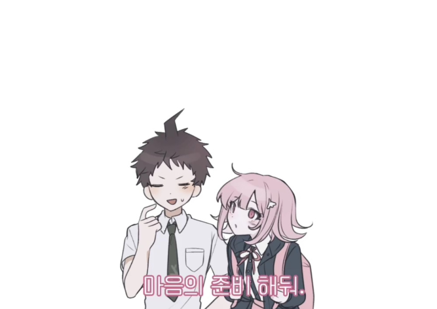 1boy 1girl ahoge backpack bag black_jacket black_shirt breast_pocket cheong_(nept1211) collared_shirt danganronpa_(series) danganronpa_2:_goodbye_despair flipped_hair green_necktie hand_up hinata_hajime holding_strap jacket looking_at_another medium_hair nanami_chiaki necktie open_clothes open_jacket pink_bag pocket shirt short_hair short_sleeves simple_background spaceship_hair_ornament translation_request two-tone_shirt upper_body white_background white_shirt