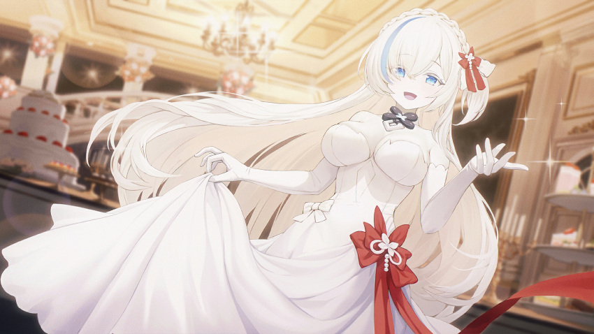 1girl aged_up artist_request azur_lane blue_eyes blue_hair bow braid breasts chandelier cleavage colored_eyelashes colored_skin crown_braid dress dress_bow elbow_gloves evening_gown eyes_visible_through_hair formal four-leaf_clover_necklace game_cg gloves hair_over_one_eye highres indoors jewelry large_breasts long_dress looking_at_viewer multicolored_hair necklace non-web_source official_art one_side_up open_mouth pale_skin skirt_hold smile streaked_hair table tb_(azur_lane) tb_(type-s)_(azur_lane) two-tone_hair white_gloves white_hair white_skin