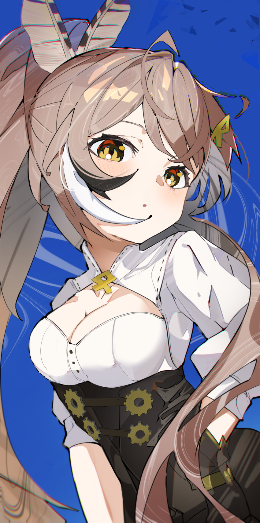 1girl :o absurdres ahoge blue_background breasts brown_corset brown_eyes brown_hair cleavage cleavage_cutout clothing_cutout corset covered_nipples crossed_bangs feather_hair_ornament feathers framed_breasts from_below gear_print gloves hair_ornament hairclip head_tilt highres hololive hololive_english long_hair long_sleeves looking_at_viewer medium_breasts multicolored_hair nanashi_mumei nanashi_mumei_(1st_costume) open_mouth ponytail runes sakusa_nn shirt sleeves_rolled_up streaked_hair turning_head upper_body very_long_hair virtual_youtuber white_shirt