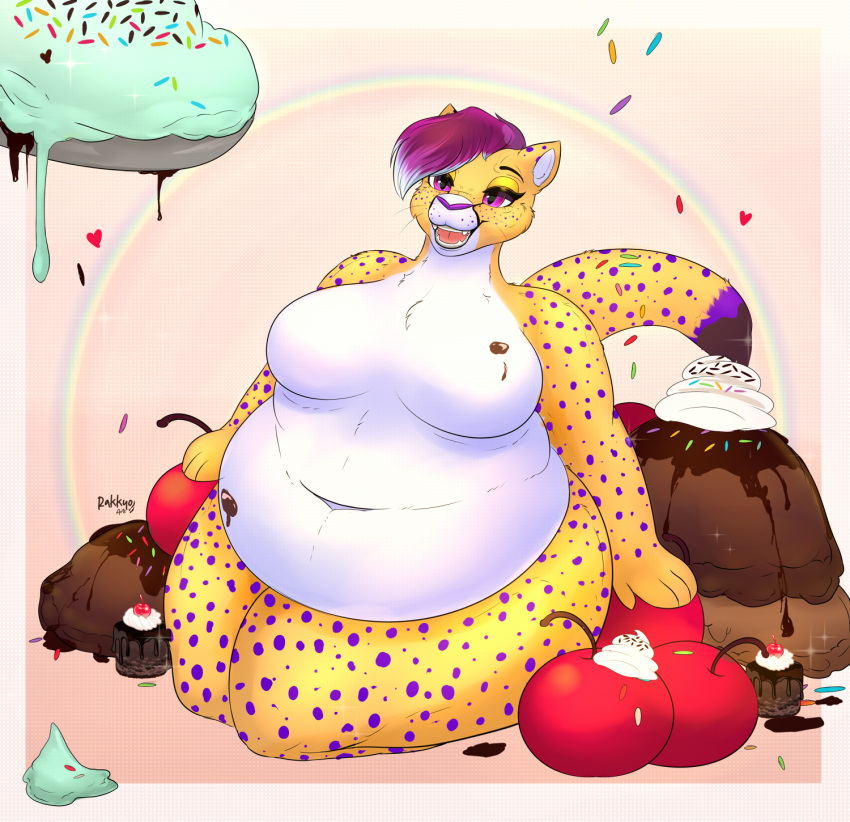 &lt;3 2023 4_fingers anthro artist_name bangs belly big_belly border breasts candy cheetah cherry chocolate chocolate_sauce colored dairy_products dessert digital_drawing_(artwork) digital_media_(artwork) dripping eyebrows eyelashes falling_food featureless_breasts felid feline female fingers food food_on_belly food_on_breasts freckles fruit fur hair hi_res ice_cream large_food long_tail mammal markings multicolored_body multicolored_fur multicolored_hair navel obese obese_anthro obese_female open_mouth overweight overweight_anthro overweight_female pink_tongue plant purple_eyes purple_hair purple_nose rainbow rakkyoarts shaded shay_(yuki.the.husky) short_hair sitting smile solo spots spotted_body spotted_fur spotted_markings spotted_tail sprinkles tail tail_markings thick_thighs tongue whipped_cream whiskers white_belly white_border white_breasts white_hair white_inner_ear wide_hips