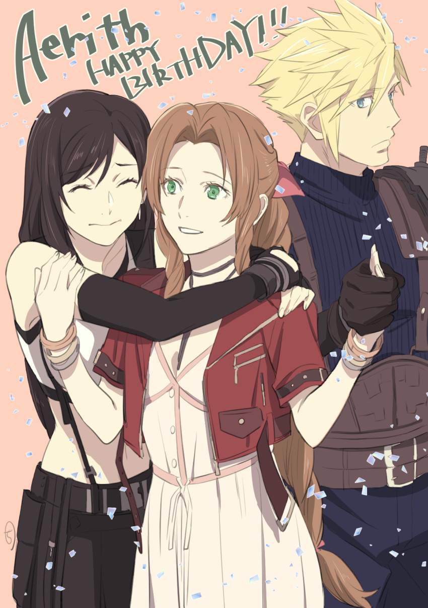 1boy 2girls aerith_gainsborough armor arms_around_neck bangle bare_shoulders belt belt_buckle black_bra black_gloves black_hair black_skirt blonde_hair blue_eyes blue_pants blue_shirt bra bracelet braid braided_ponytail breasts brown_belt brown_hair buckle character_name choker cleavage closed_eyes closed_mouth cloud_strife confetti cowboy_shot crop_top cropped_jacket dangle_earrings dress earrings elbow_gloves final_fantasy final_fantasy_vii final_fantasy_vii_rebirth final_fantasy_vii_remake gloves green_eyes hair_between_eyes hair_ribbon hand_on_another's_arm happy_birthday highres holding_hands jacket jewelry kobayashi_chizuru long_hair medium_breasts midriff multiple_belts multiple_girls pants parted_bangs parted_lips pink_background pink_dress pink_ribbon red_jacket ribbon ribbon_choker shirt short_hair short_sleeves shoulder_armor sidelocks single_braid skirt sleeveless sleeveless_shirt smile spiked_hair sports_bra suspenders tifa_lockhart turtleneck underwear white_shirt