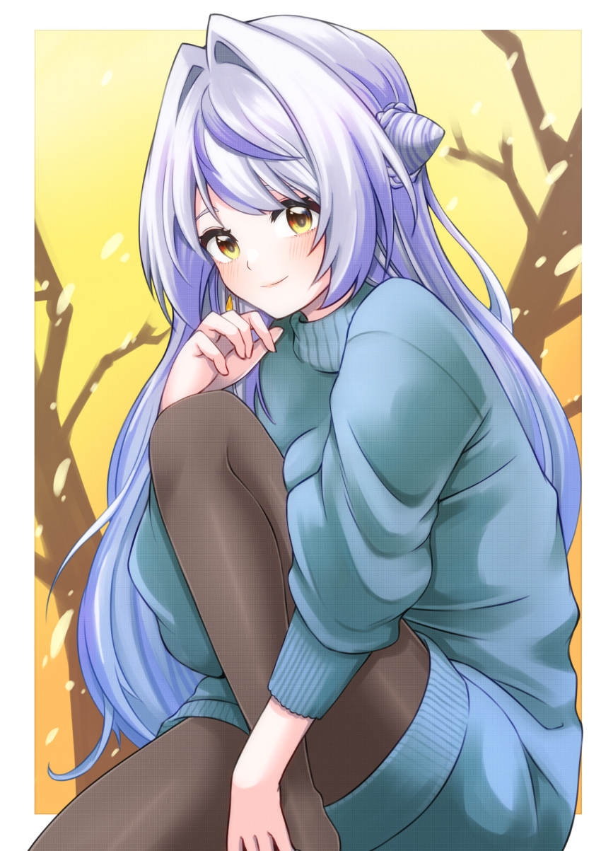 1girl bare_tree blue_sweater blush border braid braided_bun brown_pantyhose closed_mouth commentary_request cone_hair_bun feet_out_of_frame hair_bun hair_intakes highres islandz kohaku_yuri leg_up long_hair looking_at_viewer medium_bangs multicolored_hair nanashi_inc. outside_border pantyhose purple_hair sitting smile solo streaked_hair sweater teardrop_earrings tree two-tone_hair virtual_youtuber white_border white_hair yellow_background yellow_eyes