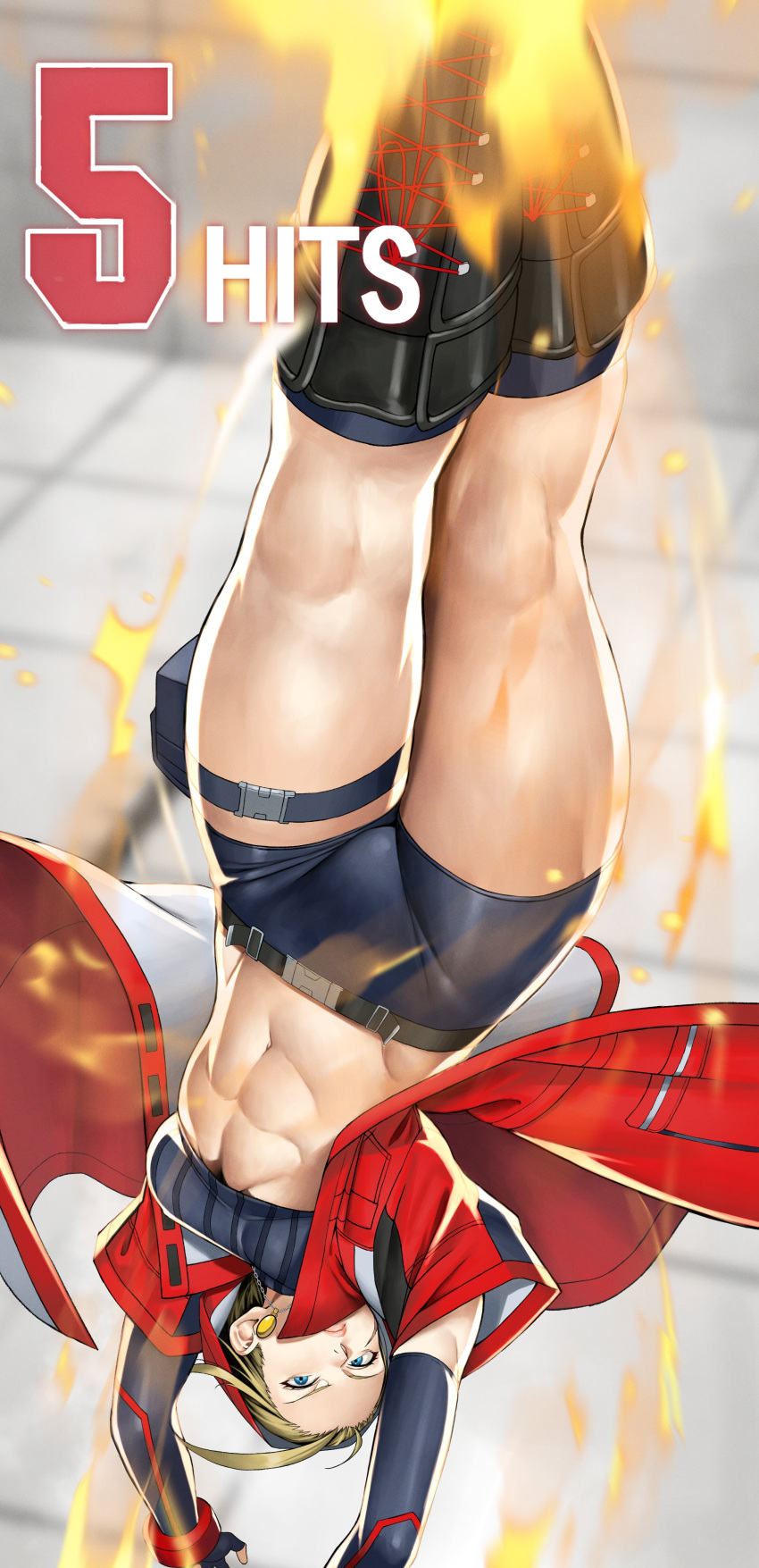 1girl abs absurdres black_footwear black_gloves black_shorts blonde_hair blue_eyes boots breasts cammy_white elbow_gloves gloves highres jacket knee_boots large_breasts long_hair looking_at_viewer navel open_clothes open_jacket red_jacket short_sleeves shorts solo street_fighter street_fighter_6 thighs yoshio_(55level)