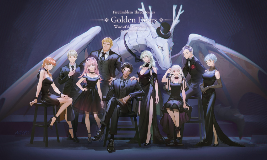 2020 4boys 5girls alternate_costume alzi_xiaomi artist_name black_dress black_necktie black_suit blonde_hair bow bowtie breasts chair claude_von_riegan cleavage closed_mouth contrapposto crossed_legs dragon dress elbow_gloves english_text enlightened_byleth_(female) fire_emblem fire_emblem:_three_houses formal full_body gloves hand_on_another's_shoulder hand_on_hip hat highres hilda_valentine_goneril ignatz_victor leonie_pinelli long_dress lorenz_hellman_gloucester lysithea_von_ordelia marianne_von_edmund medium_breasts medium_dress multiple_boys multiple_girls necktie orange_eyes orange_hair pink_eyes pink_hair purple_eyes purple_hair raphael_kirsten sitting sleeveless sleeveless_dress smile standing strapless strapless_dress strappy_heels suit top_hat white_hair yellow_eyes