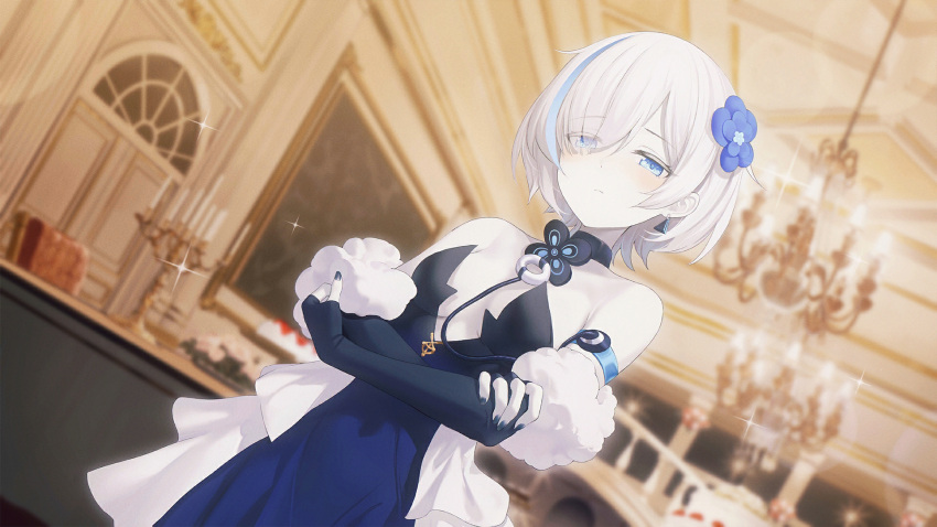 1girl aged_up artist_request azur_lane bare_shoulders black_collar black_gloves black_nails blue_dress blue_eyes blue_hair breasts breasts_apart chandelier collar colored_eyelashes colored_skin covered_navel crossed_arms dress earrings elbow_gloves evening_gown eyes_visible_through_hair fingernails flower formal four-leaf_clover_necklace frilled_dress frills fur_trim game_cg gloves gradient_dress hair_flower hair_ornament hair_over_one_eye highres indoors jewelry looking_at_viewer medium_breasts multicolored_hair nail_polish necklace non-web_source official_art pale_skin party short_hair sleeveless sleeveless_dress standing strapless strapless_dress streaked_hair table tb_(azur_lane) tb_(type-a)_(azur_lane) two-tone_hair white_hair white_skin