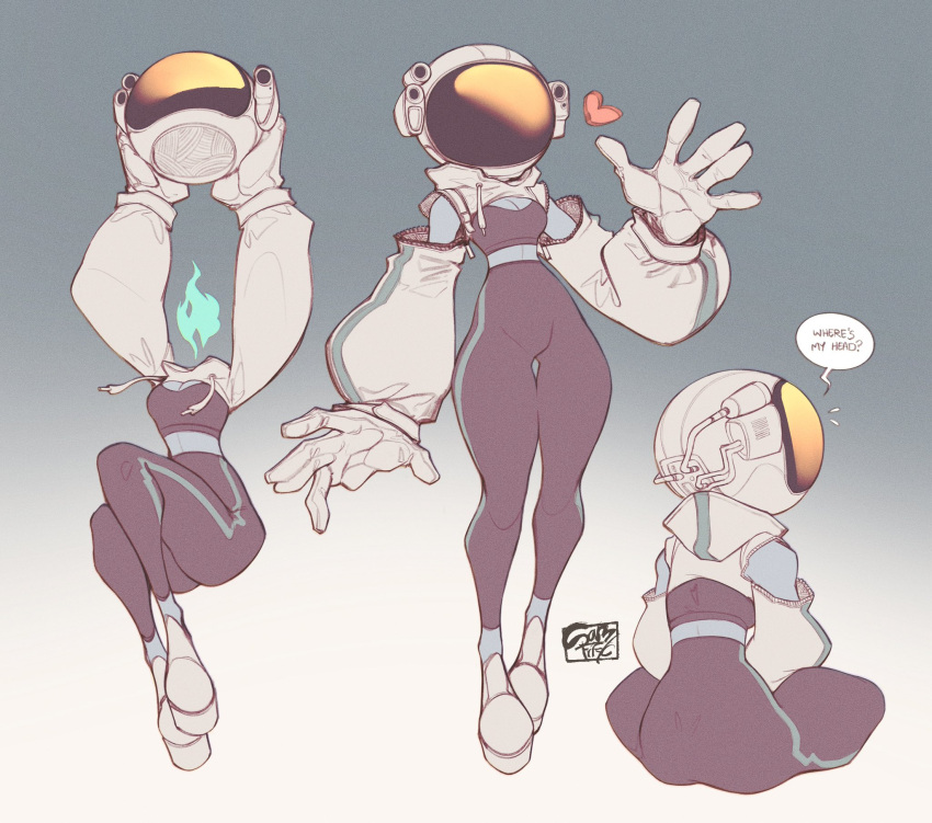 1girl ass blue_skin breasts colored_skin detached_sleeves english_text fire full_body gloves gradient_background headless helmet highres medium_breasts original pants sam_frisk shoes sneakers space_helmet spacesuit speech_bubble sportswear thighs