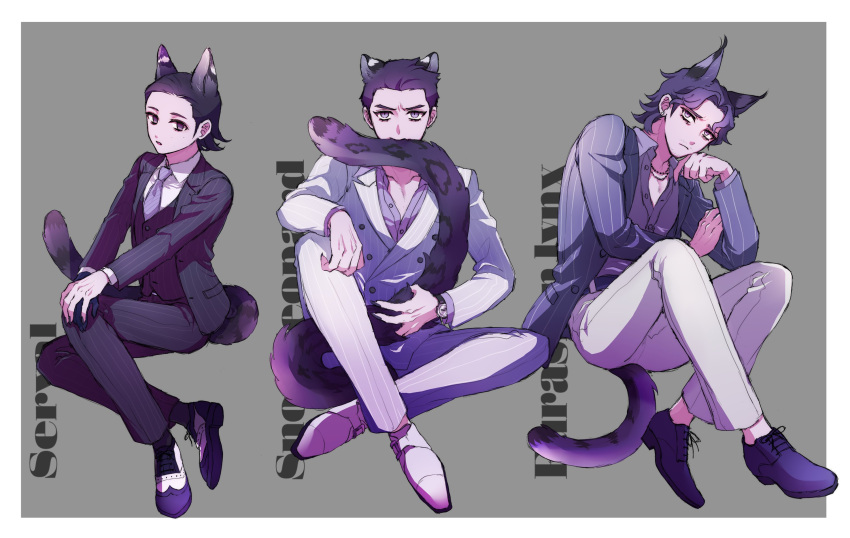 3boys animal_ears animal_name belt black_belt black_eyes black_footwear black_gloves black_hair black_jacket black_pants black_suit black_vest blue_necktie cat_boy cat_ears cat_tail collared_shirt formal frown full_body gloves grey_background grey_jacket grey_shirt hand_up highres jacket jewelry kiryu_kazuma knee_up knees_up long_sleeves looking_at_viewer male_focus me_8jo multiple_boys necklace necktie oda_jun pants partially_unbuttoned ryuu_ga_gotoku_(series) ryuu_ga_gotoku_0 shirt shoes short_hair single_glove sitting suit tachibana_tetsu tail vest watch white_footwear white_jacket white_pants white_shirt wristwatch