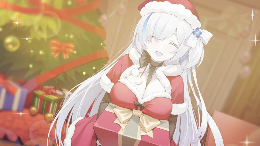 1girl artist_request azur_lane between_breasts black_nails blue_eyes blue_hair breasts christmas_ornaments christmas_tree cleavage_cutout clothing_cutout colored_eyelashes colored_skin dress eyes_visible_through_hair fingernails fire fireplace game_cg gift gift_bag hair_ornament hair_over_one_eye hat highres jewelry large_breasts long_hair looking_at_viewer multicolored_hair nail_polish non-web_source official_art one_side_up open_mouth pale_skin pom_pom_(clothes) red_headwear santa_costume santa_dress santa_hat smile sparkle streaked_hair tb_(azur_lane) tb_(type-s)_(azur_lane) two-tone_hair very_long_hair white_hair white_skin