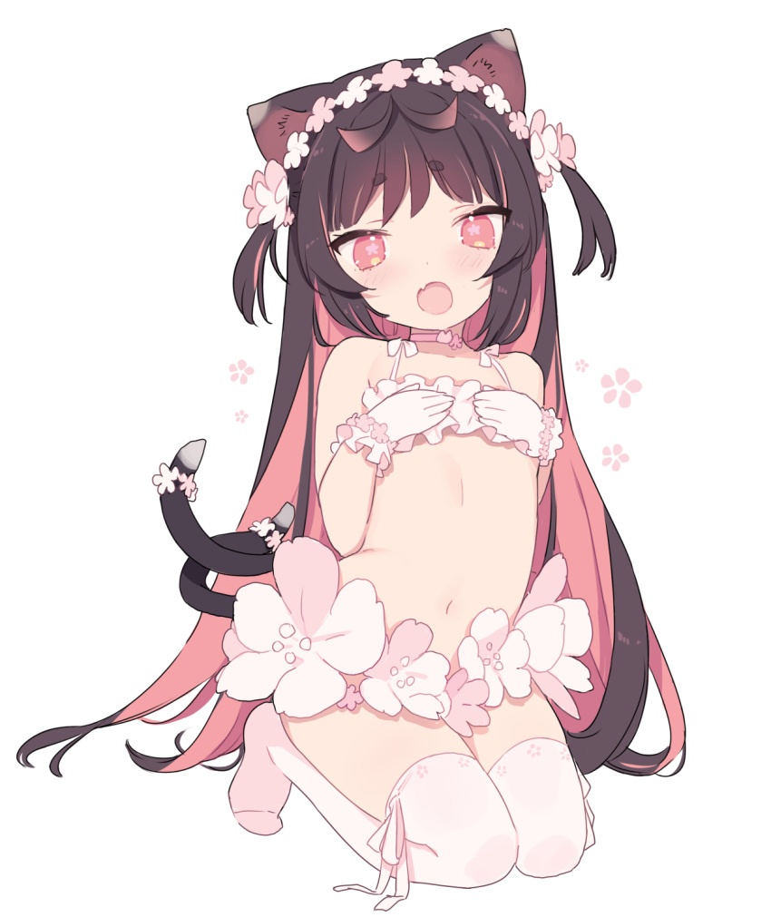 1girl animal_ears bare_shoulders bikini blade_(galaxist) brown_hair cat_choker cat_ears cat_girl cat_tail cherry_blossom_print cherry_blossoms colored_inner_hair commentary_request flat_chest floral_print flower flower-shaped_pupils frilled_bikini frills gloves hair_flower hair_ornament hands_on_own_chest highres kneeling long_hair looking_at_viewer multicolored_hair multiple_tails navel nekoyama_nae open_mouth pink_eyes pink_thighhighs short_eyebrows solo straight_hair swimsuit symbol-shaped_pupils tail tail_flower tail_ornament thighhighs toranoana two-tone_hair two_tails virtual_youtuber white_background