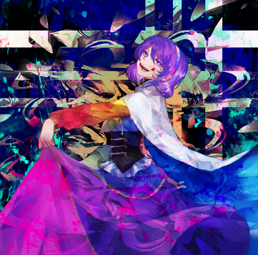 1girl black_corset blood blood_on_face blood_stain cape clothes_lift collared_cape corset curly_hair dancing dress dress_lift frilled_corset frills hairband long_sleeves looking_at_viewer medium_hair mirimo multicolored_clothes multicolored_dress multicolored_hairband open_mouth purple_eyes purple_hair sharp_teeth sleeves_past_wrists smile teeth tenkyuu_chimata tongue touhou unconnected_marketeers white_cape zipper zipper_dress zipper_pull_tab
