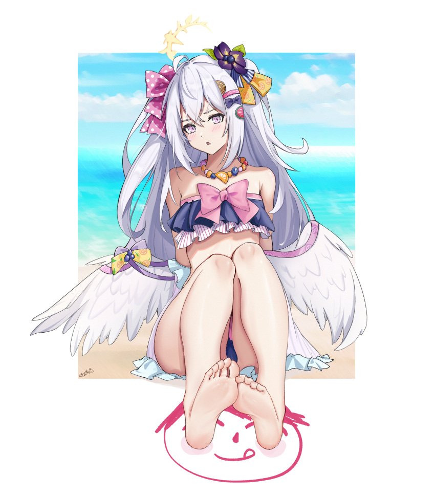 1girl arms_behind_back azusa_(blue_archive) azusa_(swimsuit)_(blue_archive) barefoot beach bikini blue_archive blue_sky blush breasts cloud commentary doodle_sensei_(blue_archive) feathered_wings feet flower foot_focus hair_flower hair_ornament halo highres legs long_hair looking_at_viewer low_wings ocean official_alternate_costume open_mouth pink_eyes sensei_(blue_archive) shijinconghua sitting sky small_breasts soles solo swimsuit toes white_hair white_wings wings yellow_halo
