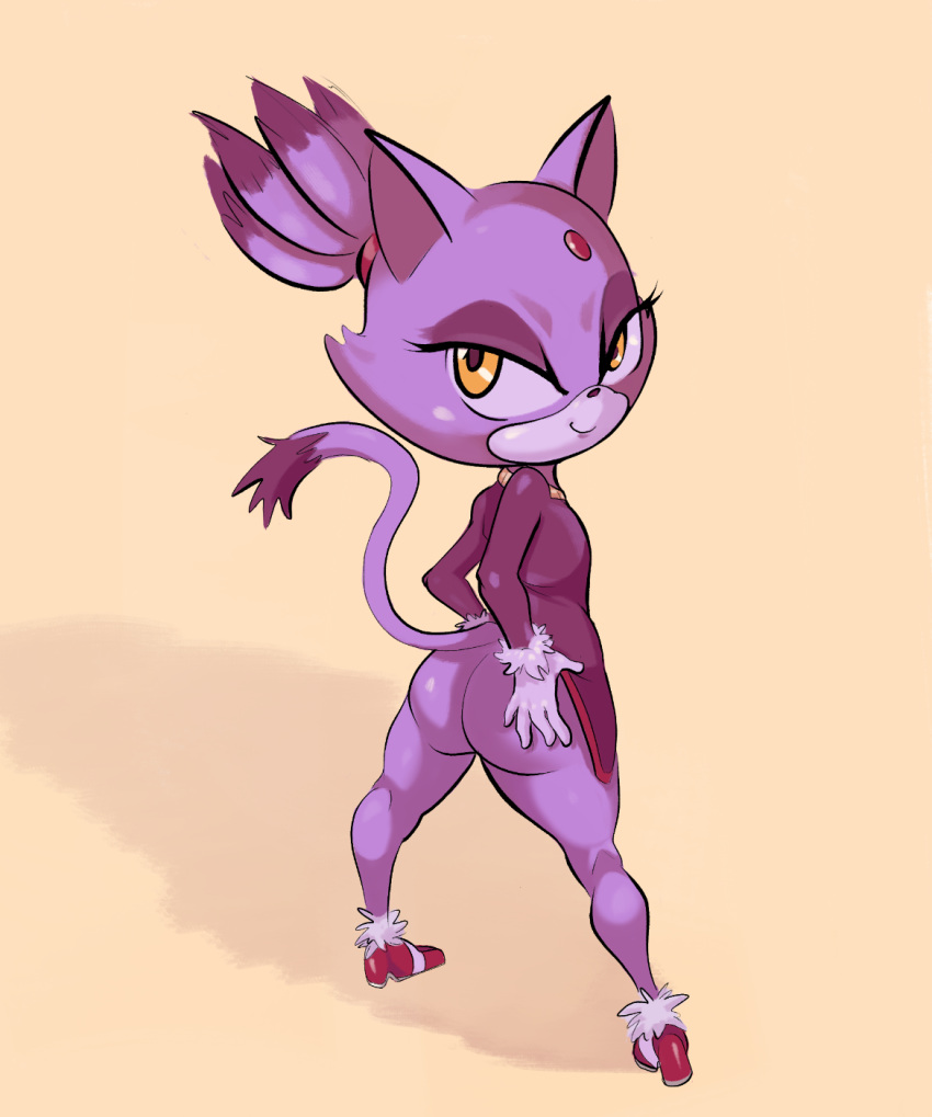 :&lt; blaze_the_cat butt catoninetails clothing domestic_cat felid feline felis female fur gloves hair hand_on_hip handwear hi_res looking_at_viewer looking_back mammal purple_body purple_fur purple_hair sega smile solo sonic_the_hedgehog_(series) thick_thighs yellow_eyes