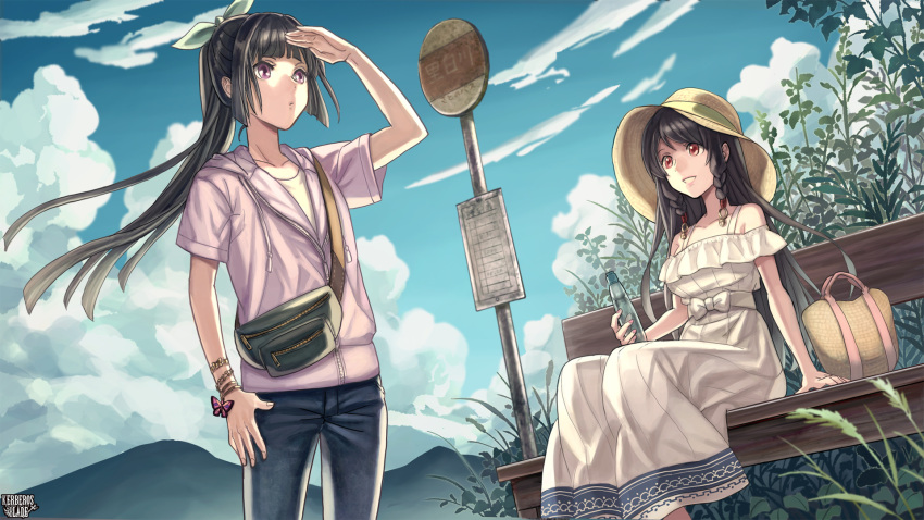 2girls :d bag bench black_hair bow bracelet braid breasts brown_eyes bus_stop character_request check_character cloud copyright_name day denim dongin_kaoru dress fanny_pack hair_bow handbag hat highres jacket jeans jewelry kerberos_blade long_hair medium_breasts mountainous_horizon multiple_girls okami_chiyo outdoors pants pink_jacket plant ramune road_sign shading_eyes sign sitting smile sun_hat tsukioka_keru twin_braids white_bow white_dress zipper