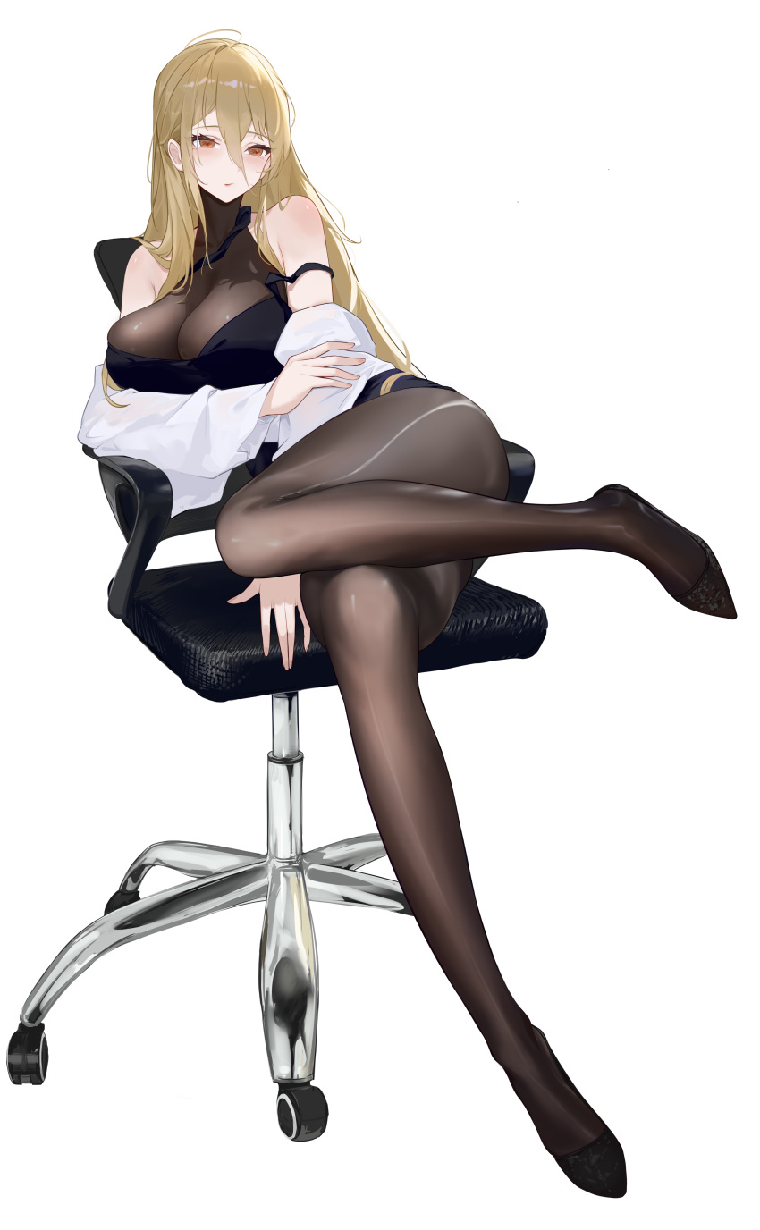1girl absurdres azur_lane bare_shoulders black_footwear black_pantyhose blonde_hair blush breasts chair cleavage crossed_legs full_body hair_between_eyes high_heels highres implacable_(azur_lane) implacable_(shepherd_of_the_"lost")_(azur_lane) jewelry large_breasts legs long_hair long_sleeves looking_at_viewer mole mole_under_eye orange_eyes pantyhose parted_lips red_eyes shoes simple_background sitting solo thighs user_vzzn2855 white_background yellow_eyes