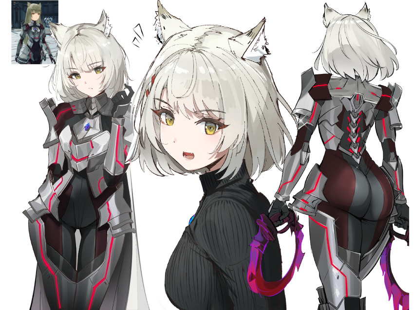 1girl absurdres animal_ear_fluff animal_ears armor ass ass_focus cat_ears chest_jewel game_screenshot_inset grey_hair highres holding holding_weapon m_(xenoblade) mio_(xenoblade) multiple_views official_alternate_costume open_mouth ormille reference_inset short_hair solo weapon xenoblade_chronicles_(series) xenoblade_chronicles_3 yellow_eyes