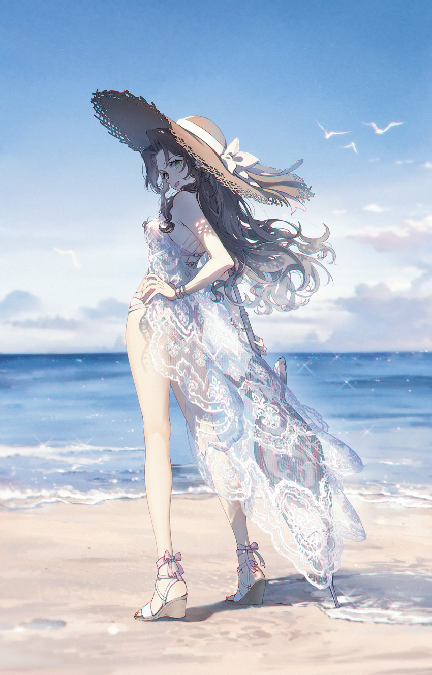 1girl aerith_gainsborough aerith_gainsborough_(sunny_robe) ankle_ribbon bare_arms bare_legs beach bikini bird blue_sky bow breasts brown_hair brown_headwear cloud day final_fantasy final_fantasy_vii final_fantasy_vii_ever_crisis from_behind full_body green_eyes hand_on_own_hip hat hat_bow high_heels highres holding holding_umbrella horizon kieta lace leg_ribbon legs long_hair looking_at_viewer looking_back medium_breasts o-ring ocean official_alternate_costume open_mouth outdoors parted_bangs pink_bikini pink_ribbon ribbon sand sandals see-through sky smile solo sparkle standing straw_hat swimsuit swimsuit_cover-up umbrella water wavy_hair white_footwear