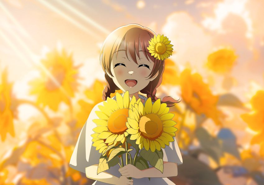 1girl absurdres blurry blush braid brown_hair closed_eyes cloud depth_of_field dress emma_verde evening flower freckles hair_flower hair_ornament highres holding holding_flower kujo_awenn love_live! love_live!_nijigasaki_high_school_idol_club medium_hair open_mouth sky smile solo sunflower sunflower_hair_ornament sunlight sunset twin_braids white_dress